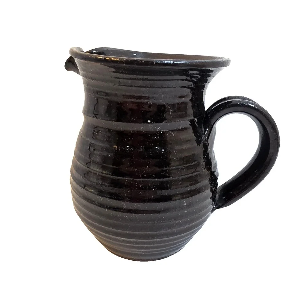 Vintage Studio Pottery Black Glazed Stoneware Pitcher‎ Ribbed Handcrafted Jug